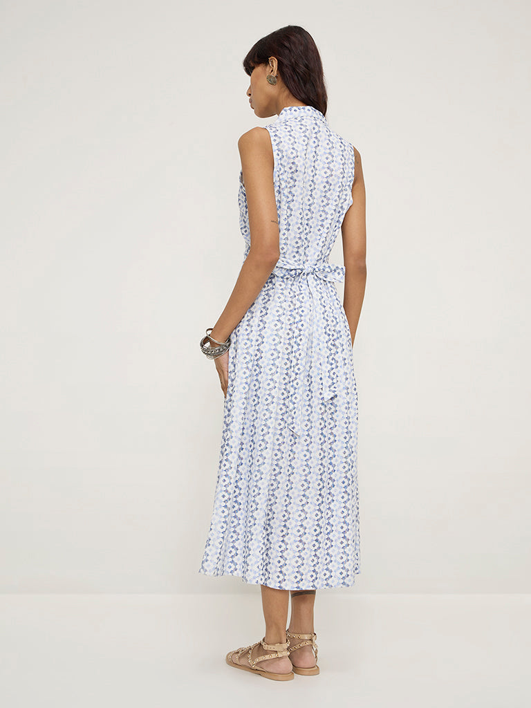 Westside Bombay Paisley Women's Blue Printed Cotton-Blend A-Line Dress for Everyday Back View