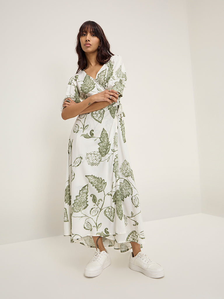 Westside Bombay Paisley Women's Sage Floral Printed Wrap-Style Dress for Everyday Front View