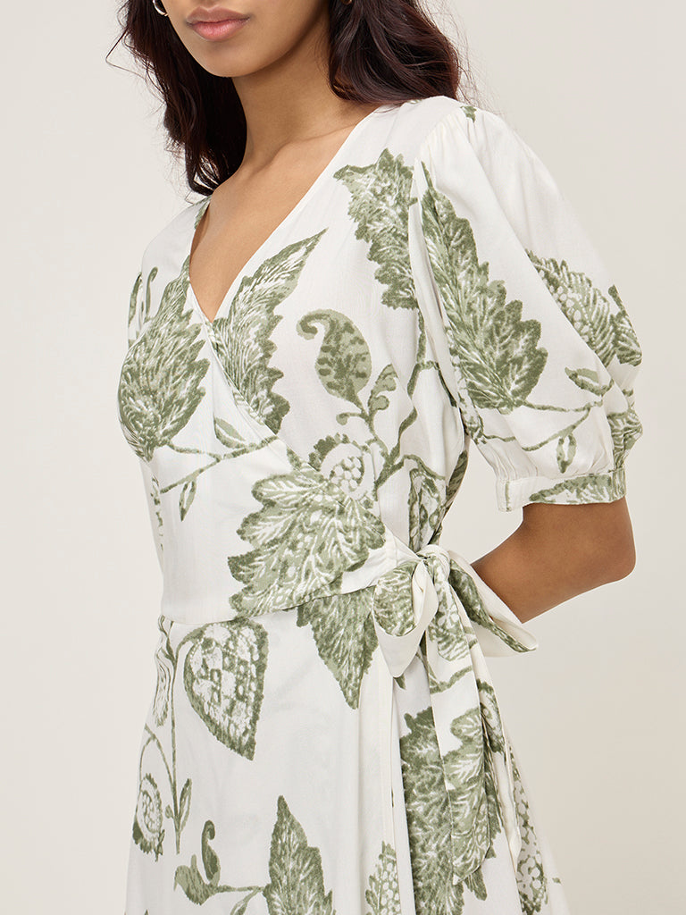Westside Bombay Paisley Women's Sage Floral Printed Wrap-Style Dress for Everyday Zoomed View