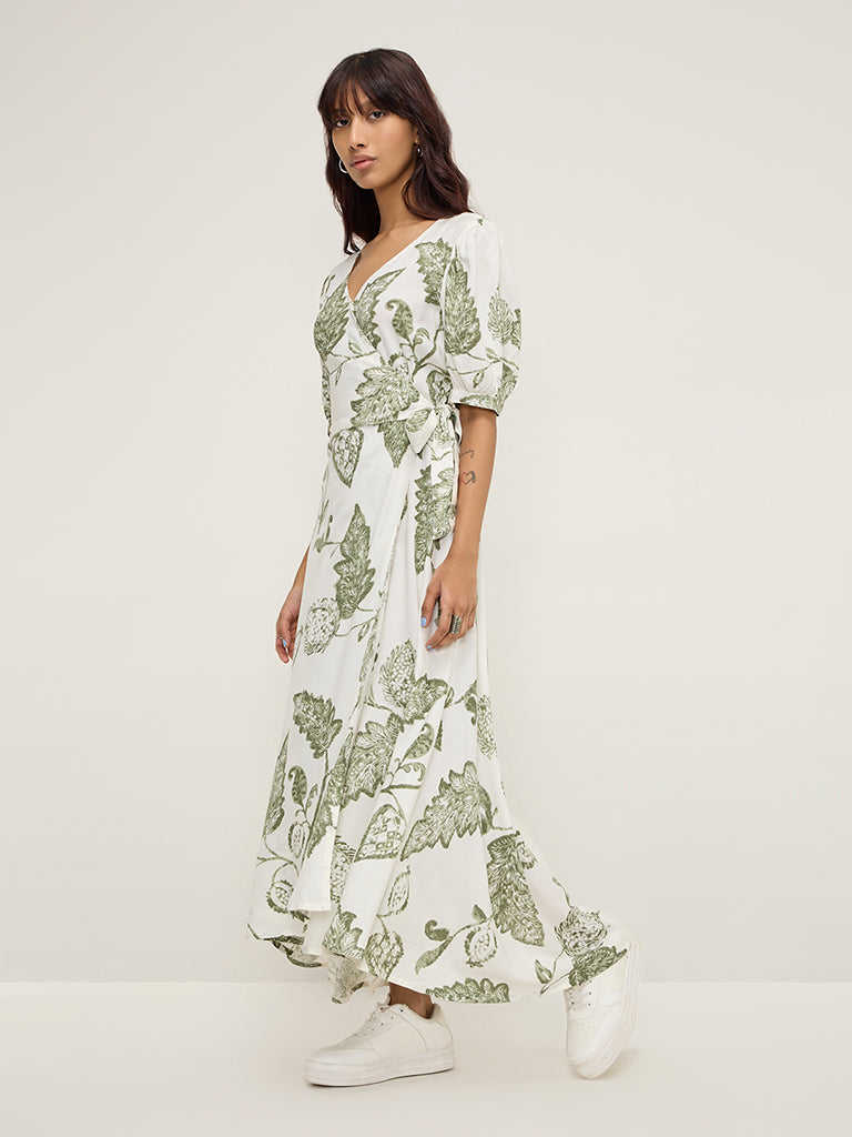 Westside Bombay Paisley Women's Sage Floral Printed Wrap-Style Dress for Everyday Full View