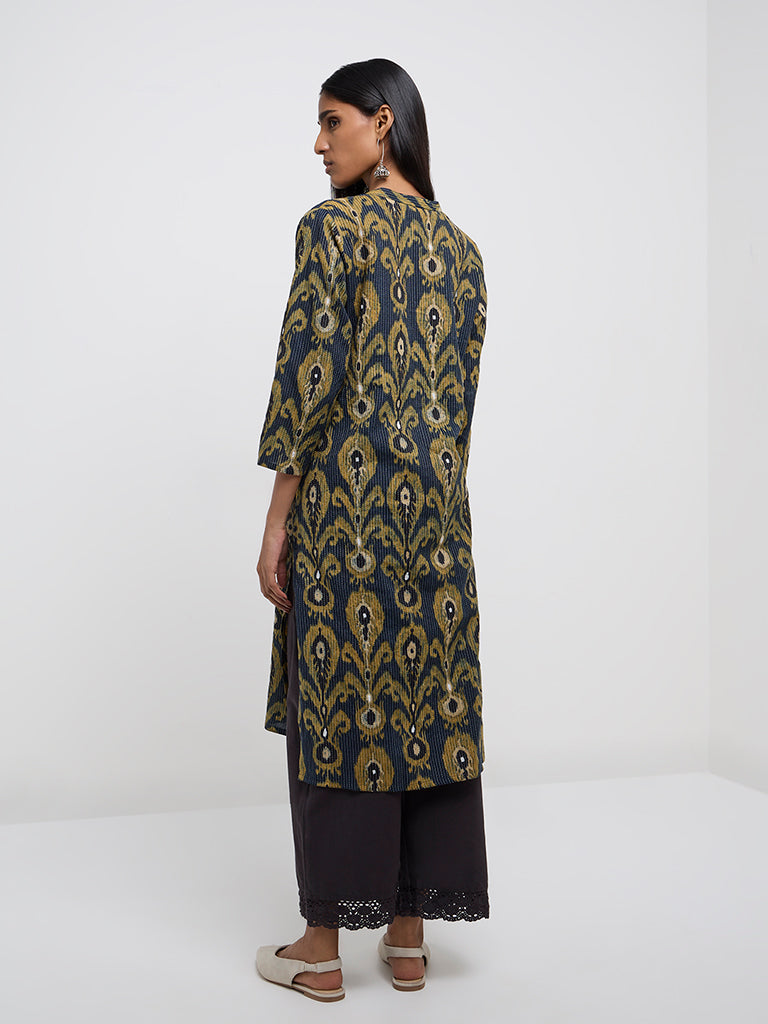 Utsa Indigo Ikat-Printed Cotton-Blend Straight Kurta
