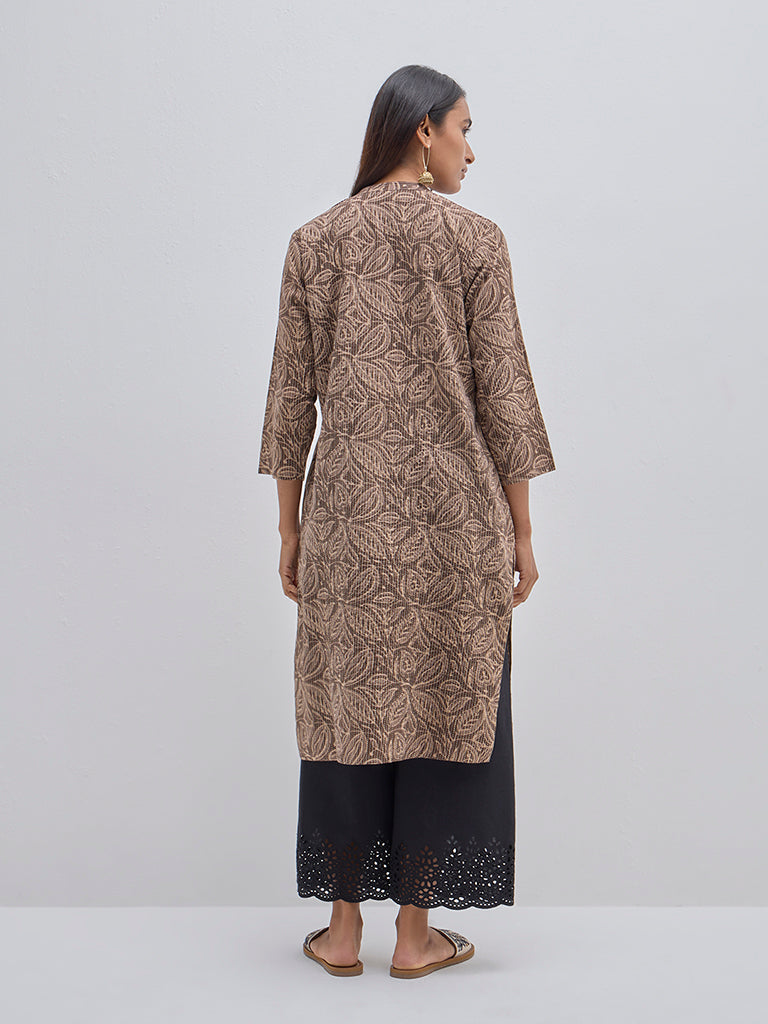 Utsa Brown Leaf Design Cotton-Blend Straight Kurta