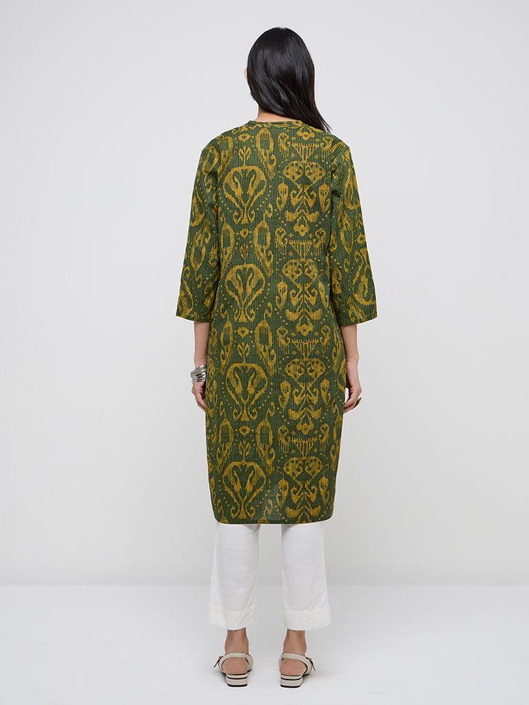 Utsa Green Ikat-Printed Cotton-Blend Straight Kurta