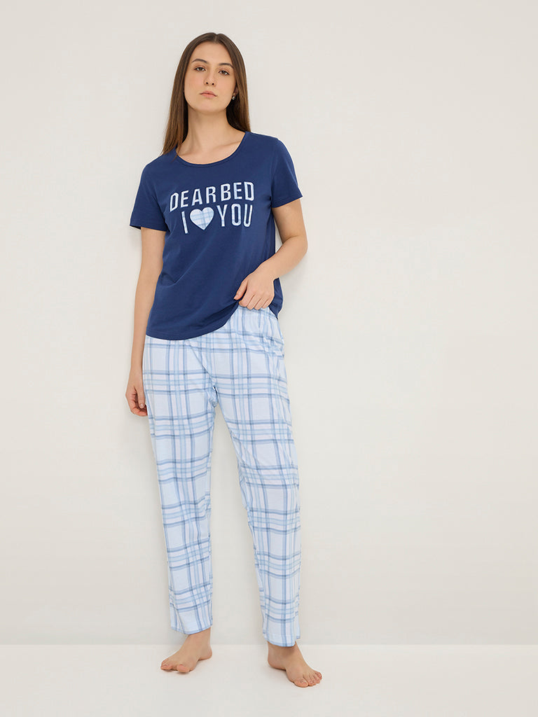 Wunderlove Navy Text Design Cotton Pyjamas Set In A Bag