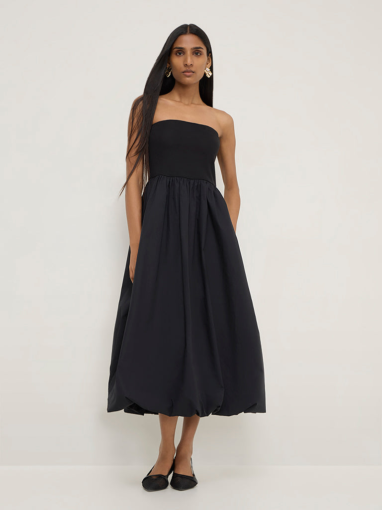 Wardrobe Black Off-Shoulder A-Line Cotton Dress1