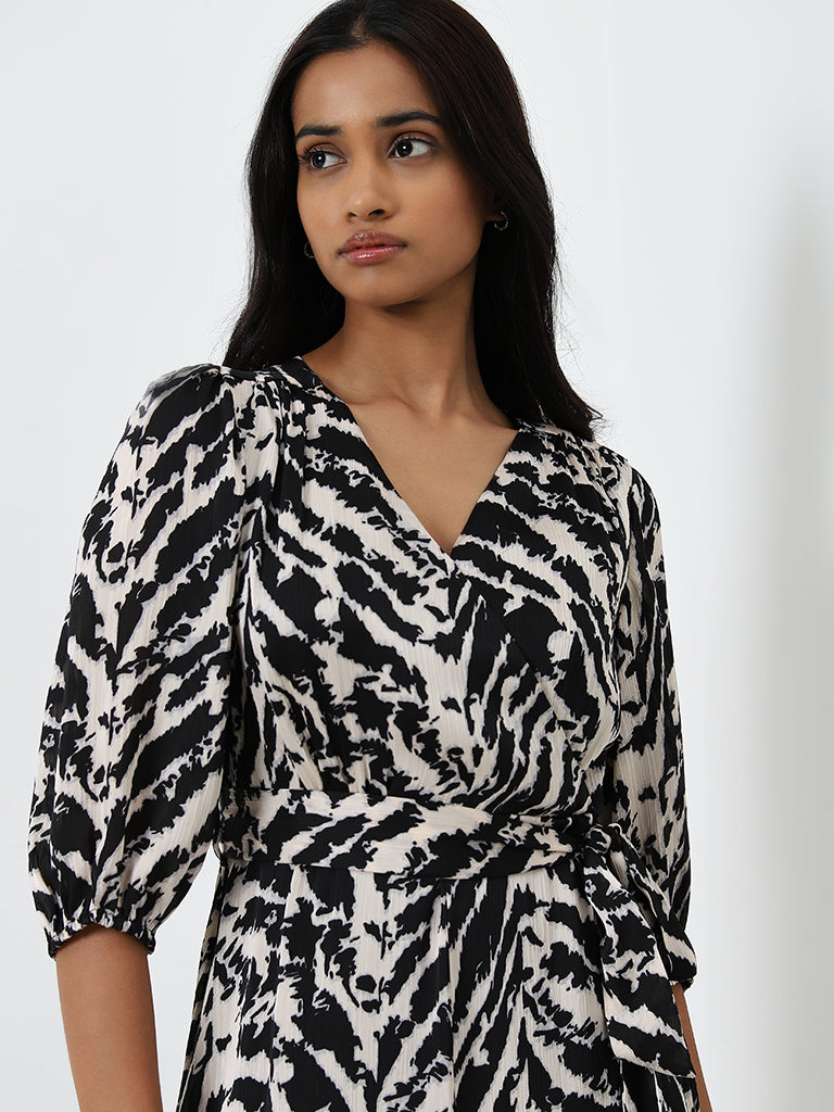 Wardrobe Black Animal Design A-Line Dress with Belt