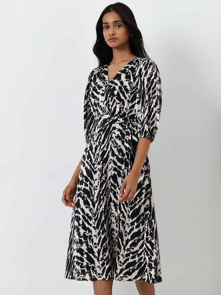 Wardrobe Black Animal Design A-Line Dress with Belt
