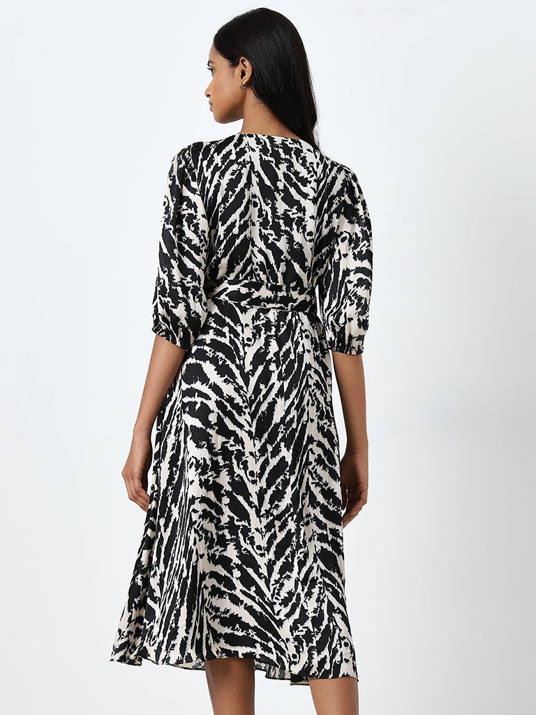 Wardrobe Black Animal Design A-Line Dress with Belt