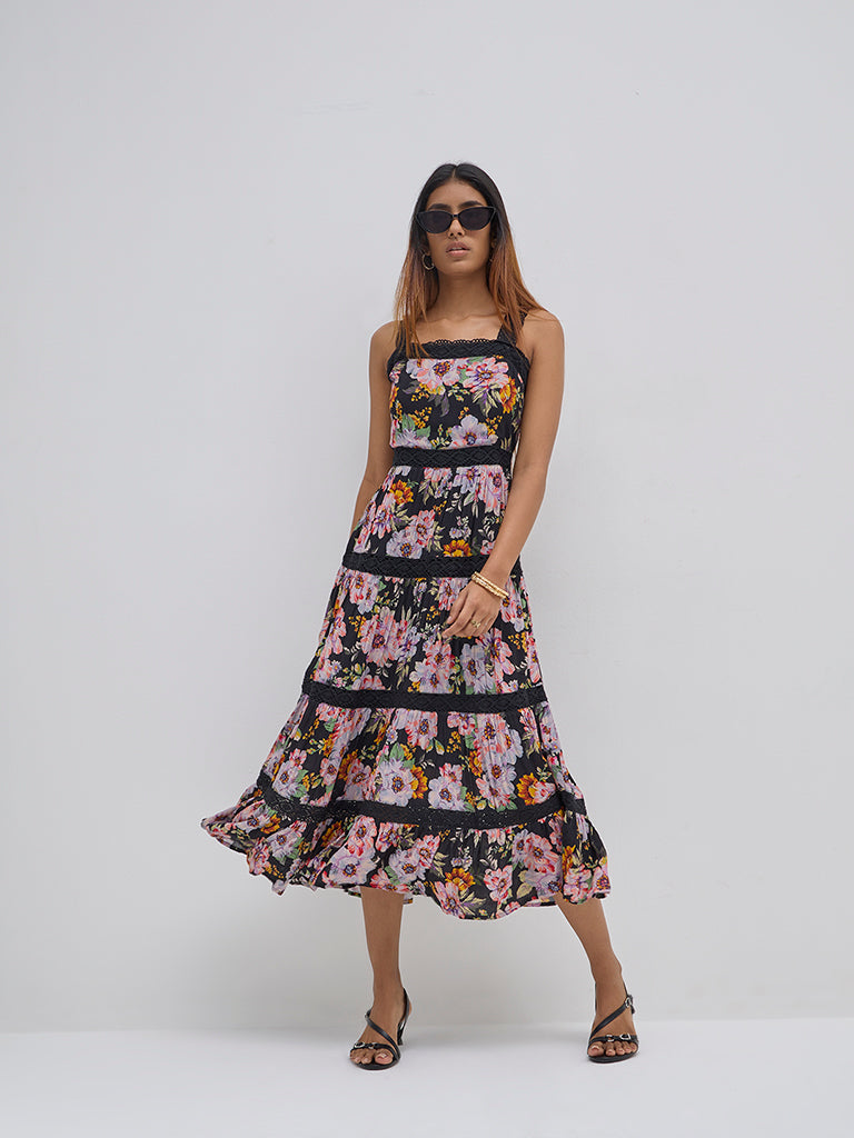 LOV Black Floral Printed Tiered Dress