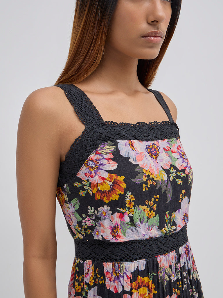 LOV Black Floral Printed Tiered Dress