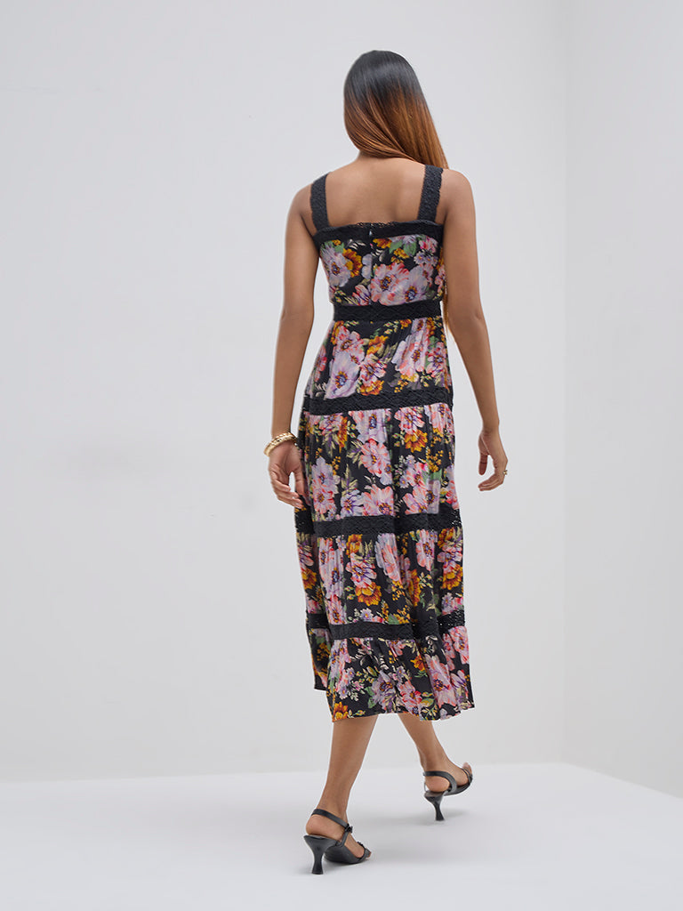 LOV Black Floral Printed Tiered Dress