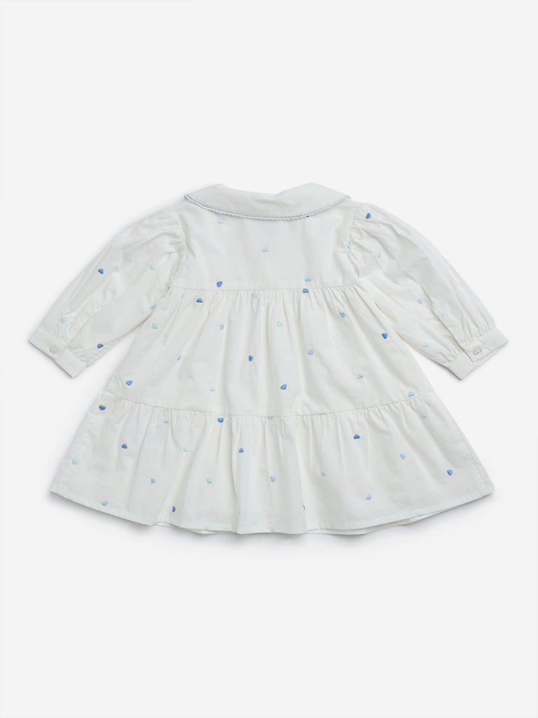 HOP Baby White Heart Printed Cotton Tiered Dress