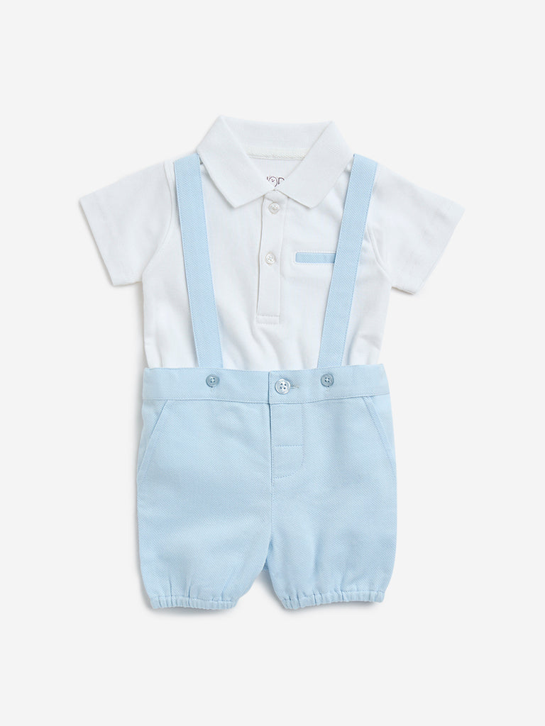 Westside HOP Baby Boy's Light Blue Cotton Dungaree with T-Shirt Set for Casual Wear Front View