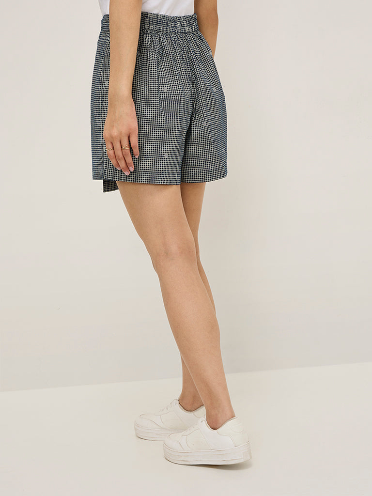 Westside Bombay Paisley Women's Navy Checks Printed High-Rise Cotton Skort for Everyday Back View