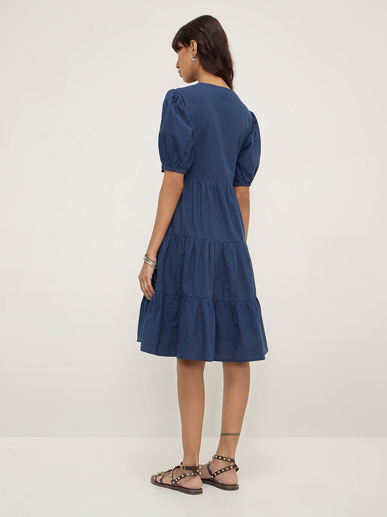 Westside Bombay Paisley Women's Navy Embroidered Cotton A-Line Dress for Everyday Back View