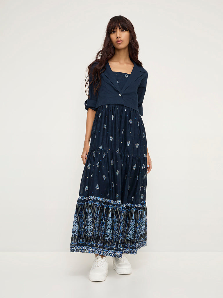 Westside Bombay Paisley Women's Dark Blue Floral Cotton-Blend Tiered Dress with Jacket for Everyday Front View