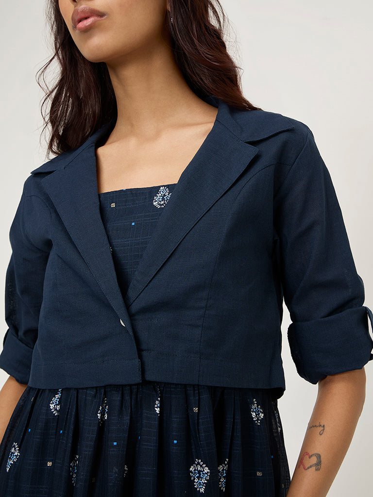 Westside Bombay Paisley Women's Dark Blue Floral Cotton-Blend Tiered Dress with Jacket for Everyday Zoomed View