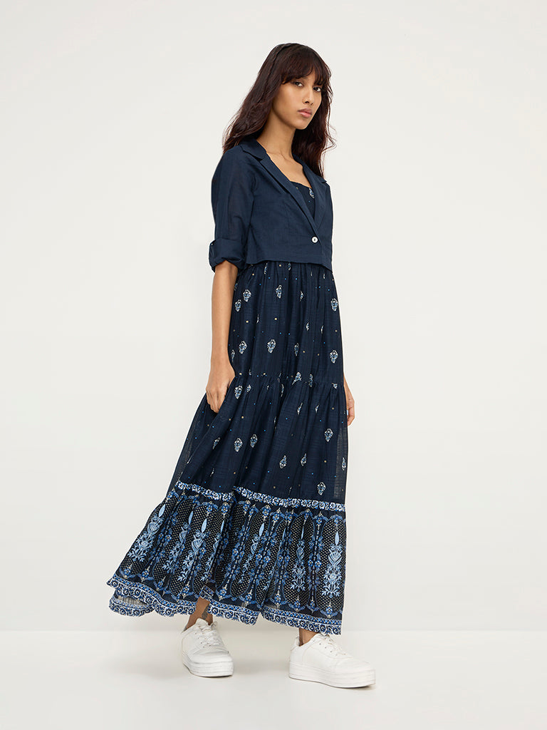 Westside Bombay Paisley Women's Dark Blue Floral Cotton-Blend Tiered Dress with Jacket for Everyday Full View