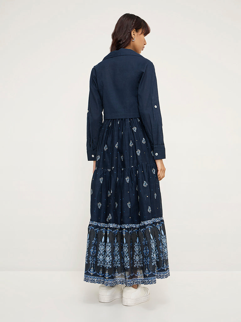 Westside Bombay Paisley Women's Dark Blue Floral Cotton-Blend Tiered Dress with Jacket for Everyday Back View