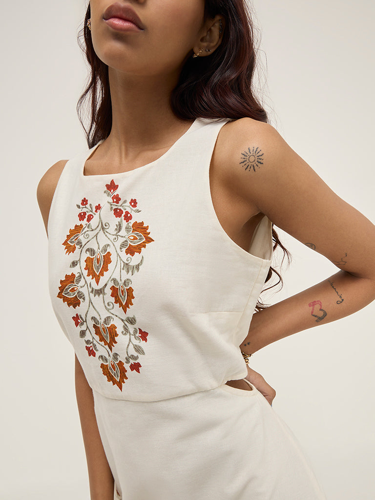 Bombay Paisley Off-White Floral Printed A-Line Cotton-Blend Dress