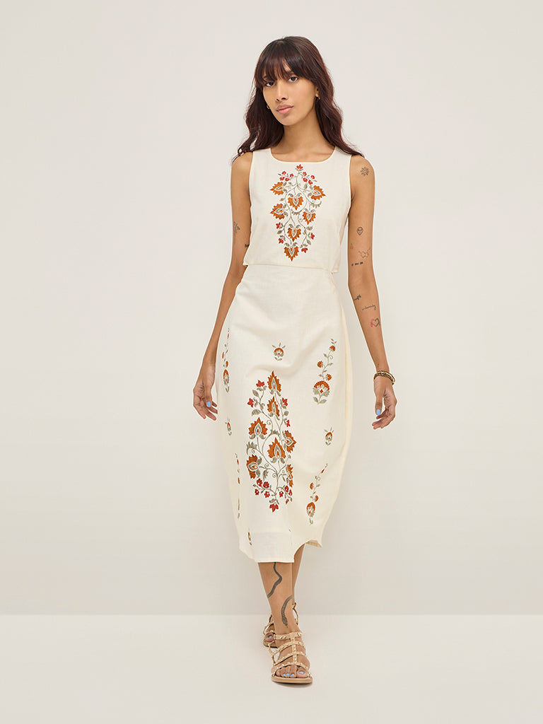 Bombay Paisley Off-White Floral Printed A-Line Cotton-Blend Dress