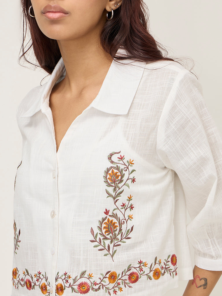 Bombay Paisley White Floral Embroidered Cotton Shirt