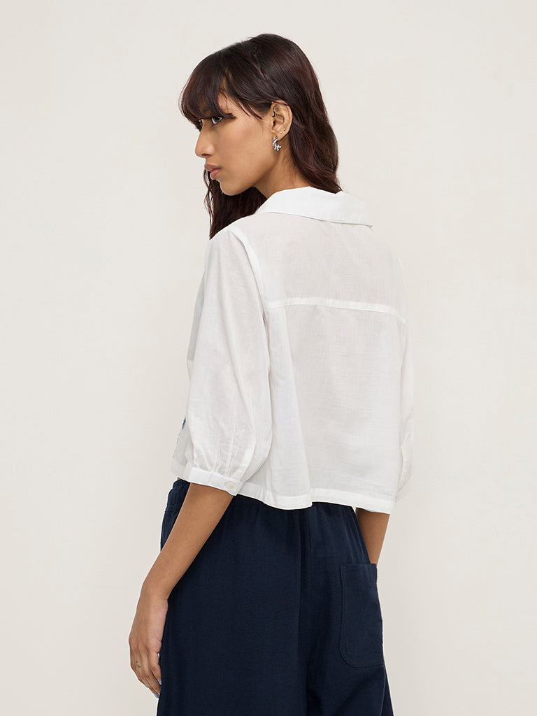 Westside Bombay Paisley Women's White Floral Embroidered Cotton Shirt for Everyday Back View