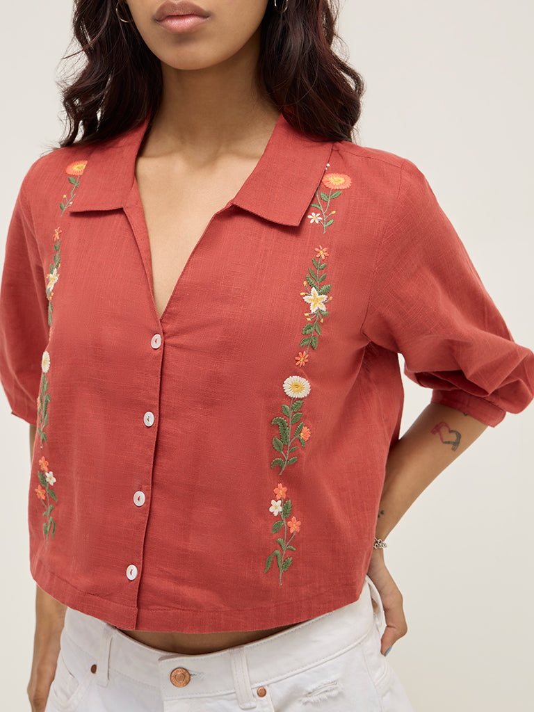 Bombay Paisley Rust Floral Embroidered Cotton-Blend Shirt
