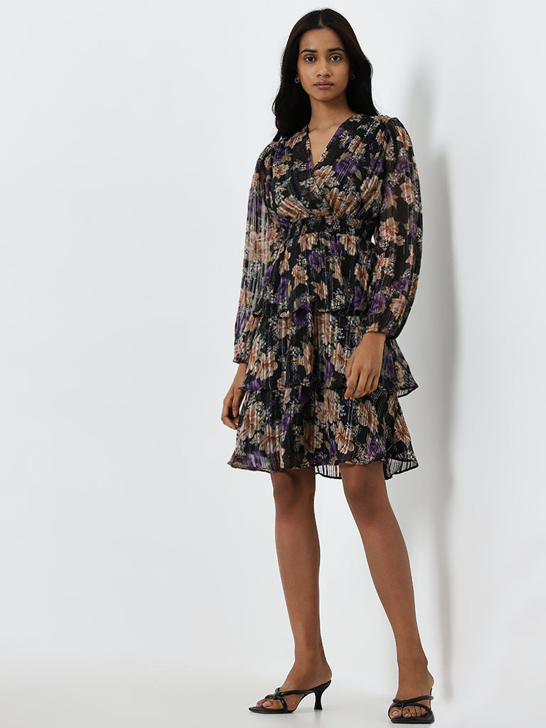 Wardrobe Black Floral Ruffled A-Line Dress