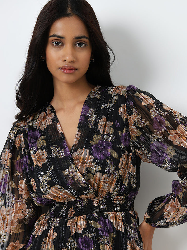 Wardrobe Black Floral Ruffled A-Line Dress
