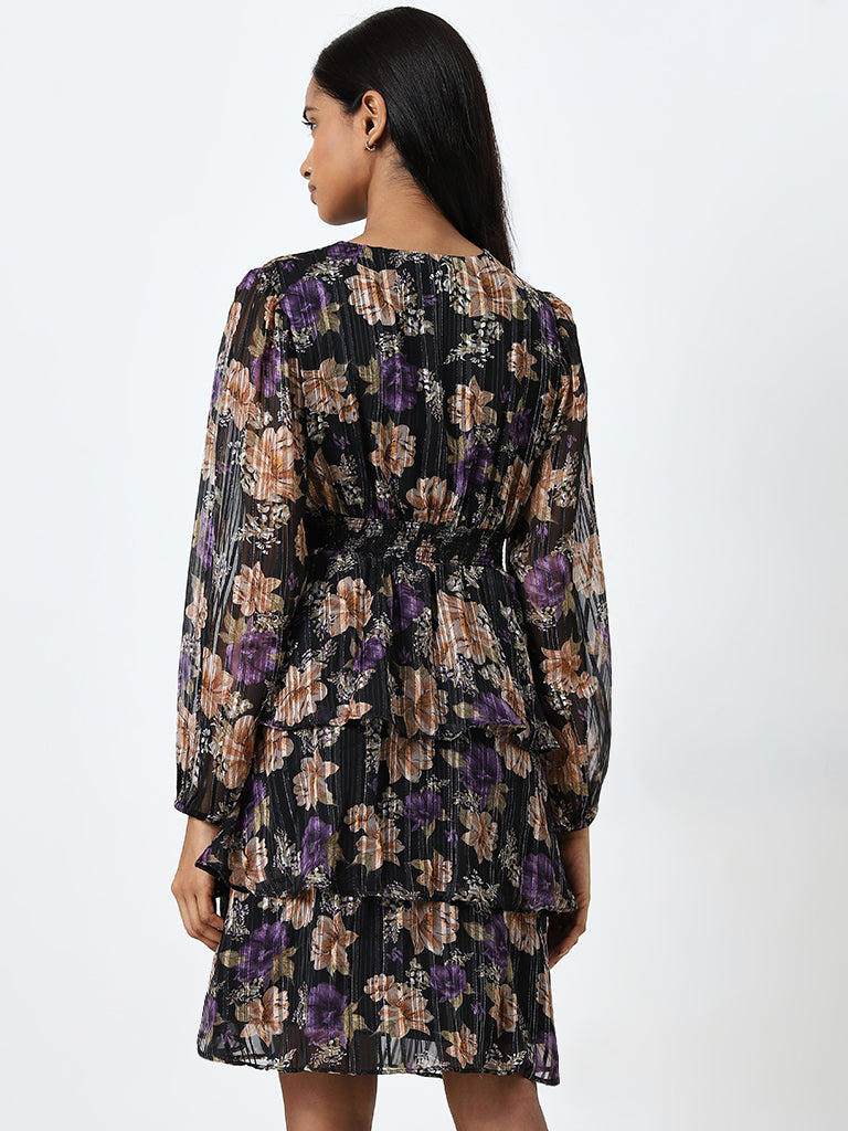 Wardrobe Black Floral Ruffled A-Line Dress