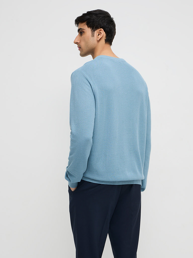 Westside WES Formals Men's Dusty Blue Slim-Fit Sweater for Winter Wear Back View