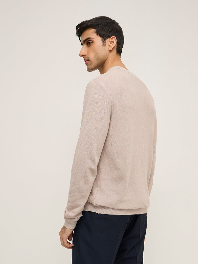 Westside WES Formals Men's Beige Knitted Slim-Fit Sweater for Winter Wear Back View