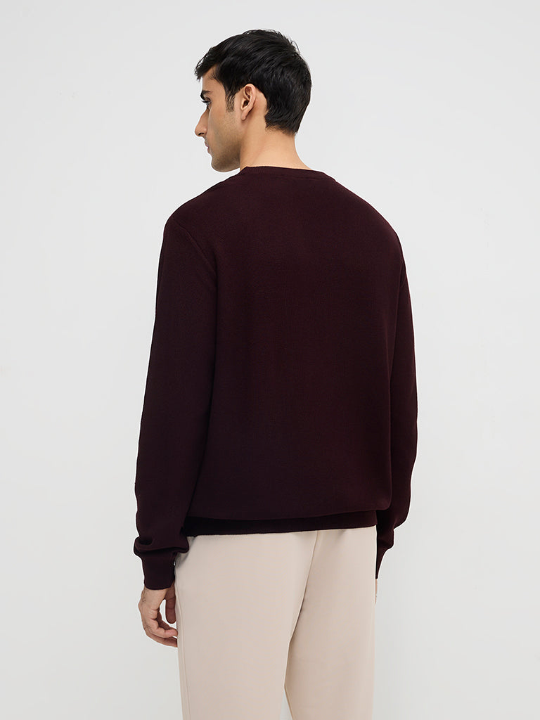 Westside WES Formals Men's Wine Solid Slim Fit Sweater for Winter Wear Back View