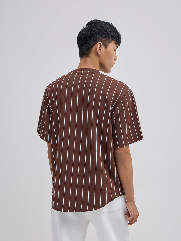 Westside Studiofit Men's Brown Striped Relaxed-Fit Cotton-Blend T-Shirt for Sports Wear Back View