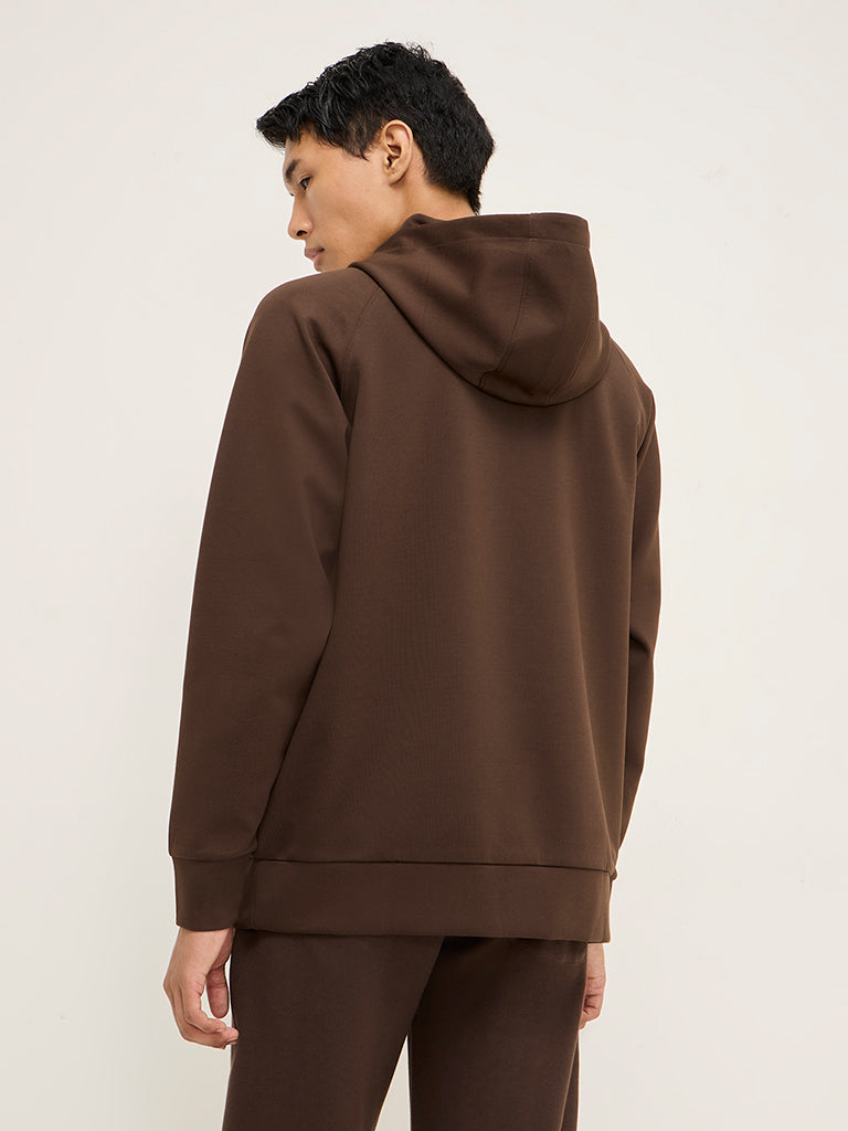 Westside Studiofit Men's Brown Text Design Relaxed-Fit Hoodie for Winter Wear Back View