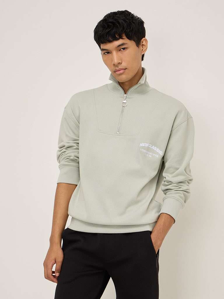 Studiofit Mint Text Design Quarter Zip Cotton-Blend Sweatshirt