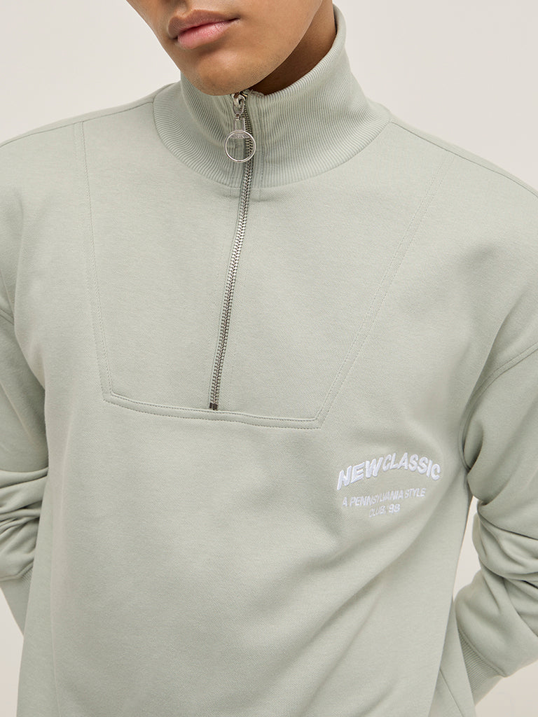 Studiofit Mint Text Design Quarter Zip Cotton-Blend Sweatshirt