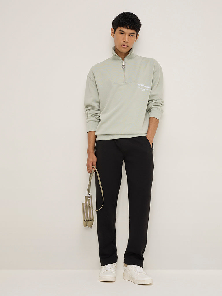 Studiofit Mint Text Design Quarter Zip Cotton-Blend Sweatshirt