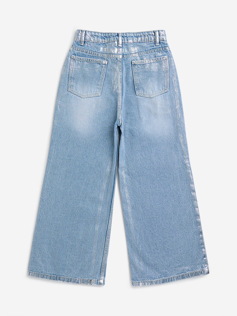 Y&F Kids Light Blue Foil-Detailed Relaxed - Fit High - Rise Jeans
