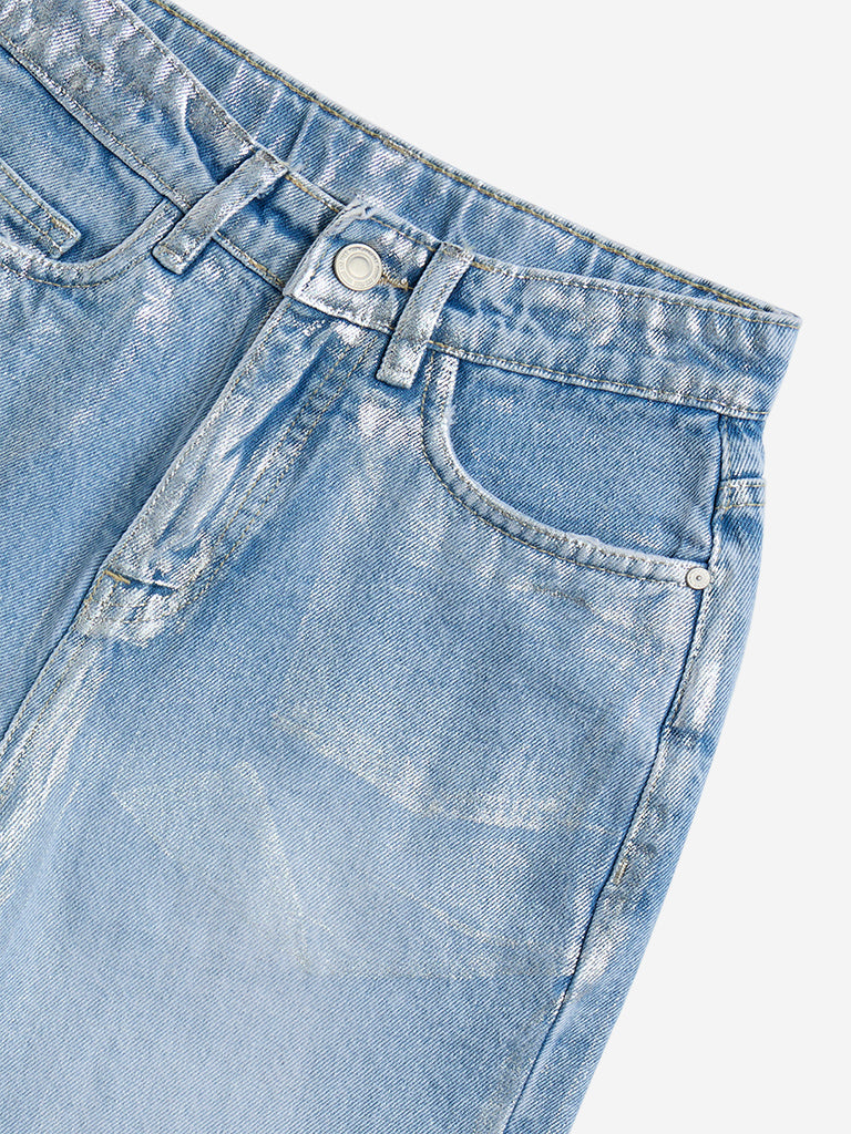 Westside Y&F Girl's Light Blue Foil-Detailed Relaxed-Fit High-Rise Jeans for Casual Wear Zoomed View