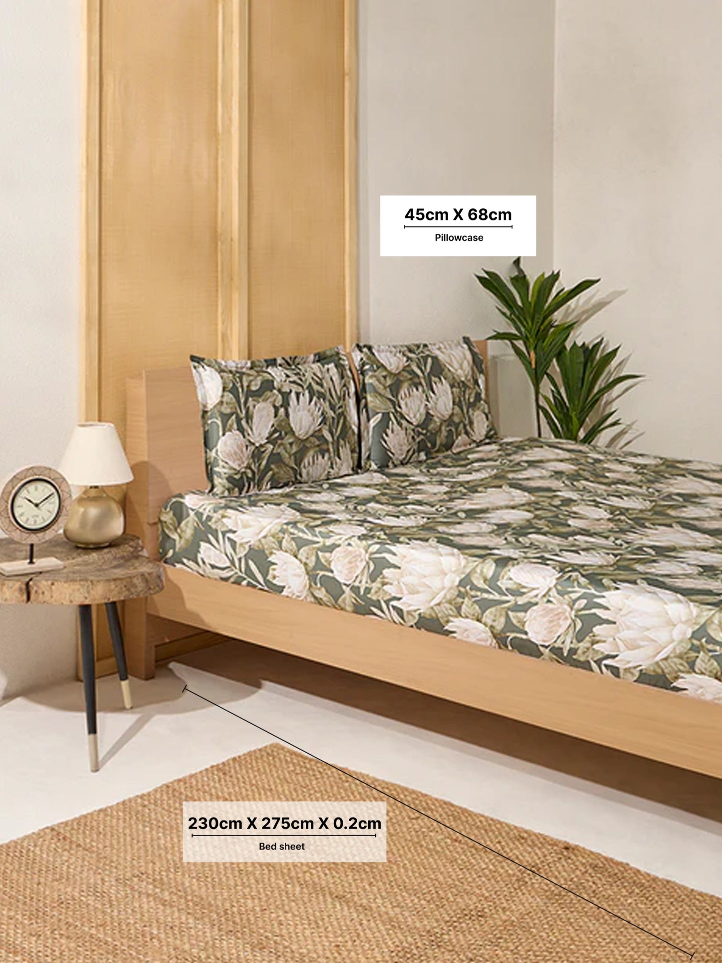 Westside Home Sage Foliage Printed Double Bed Flat Sheet and Pillowcase Set