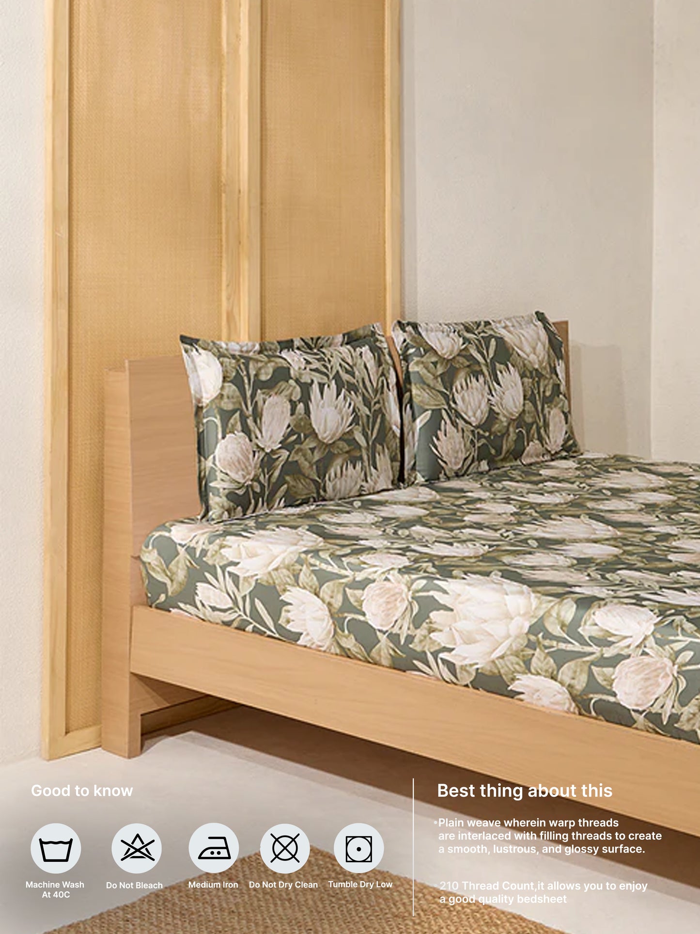Westside Home Sage Foliage Printed Double Bed Flat Sheet and Pillowcase Set