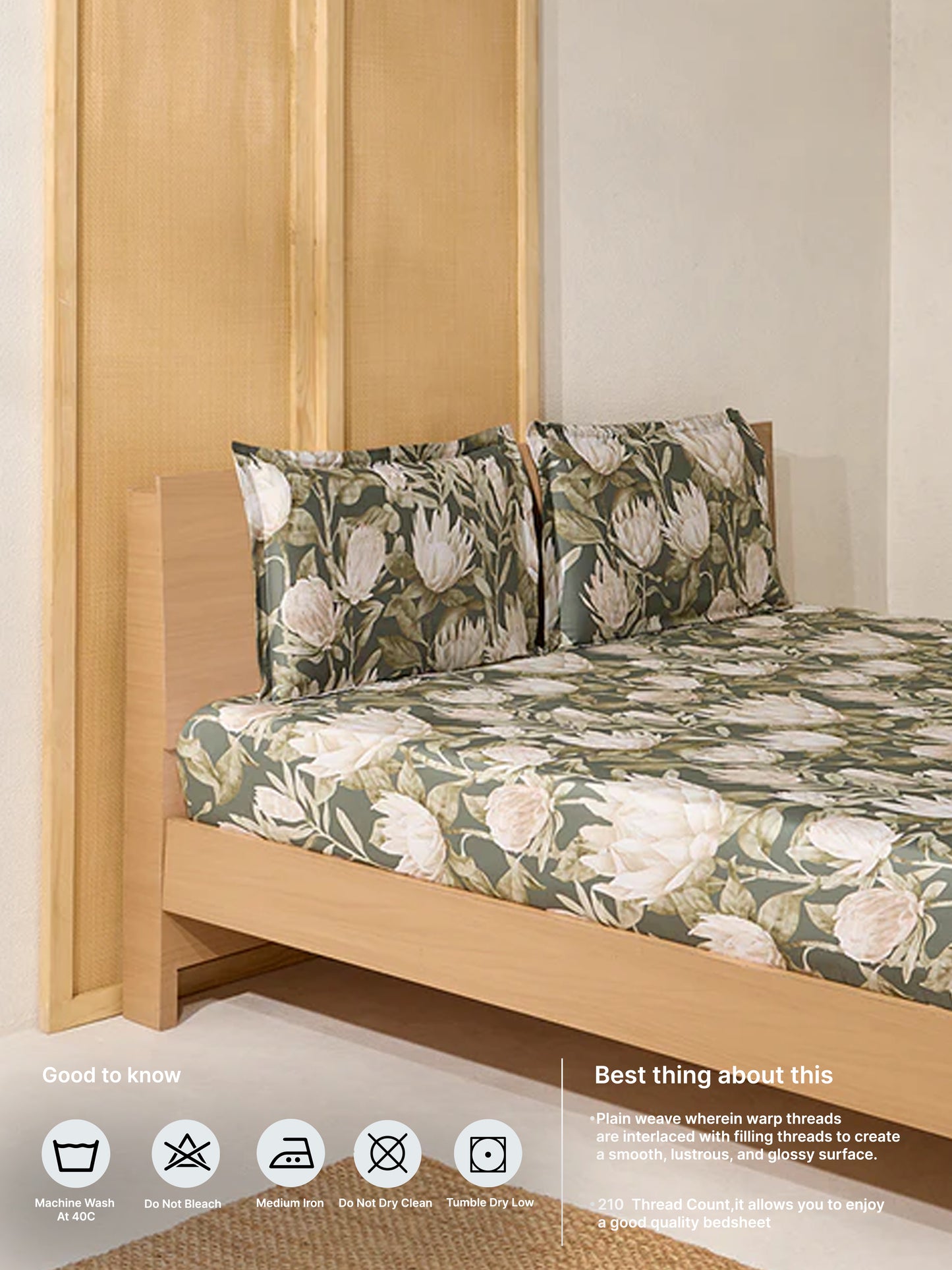 Westside Home Sage Foliage Printed King Bed Flat Sheet and Pillowcase Set