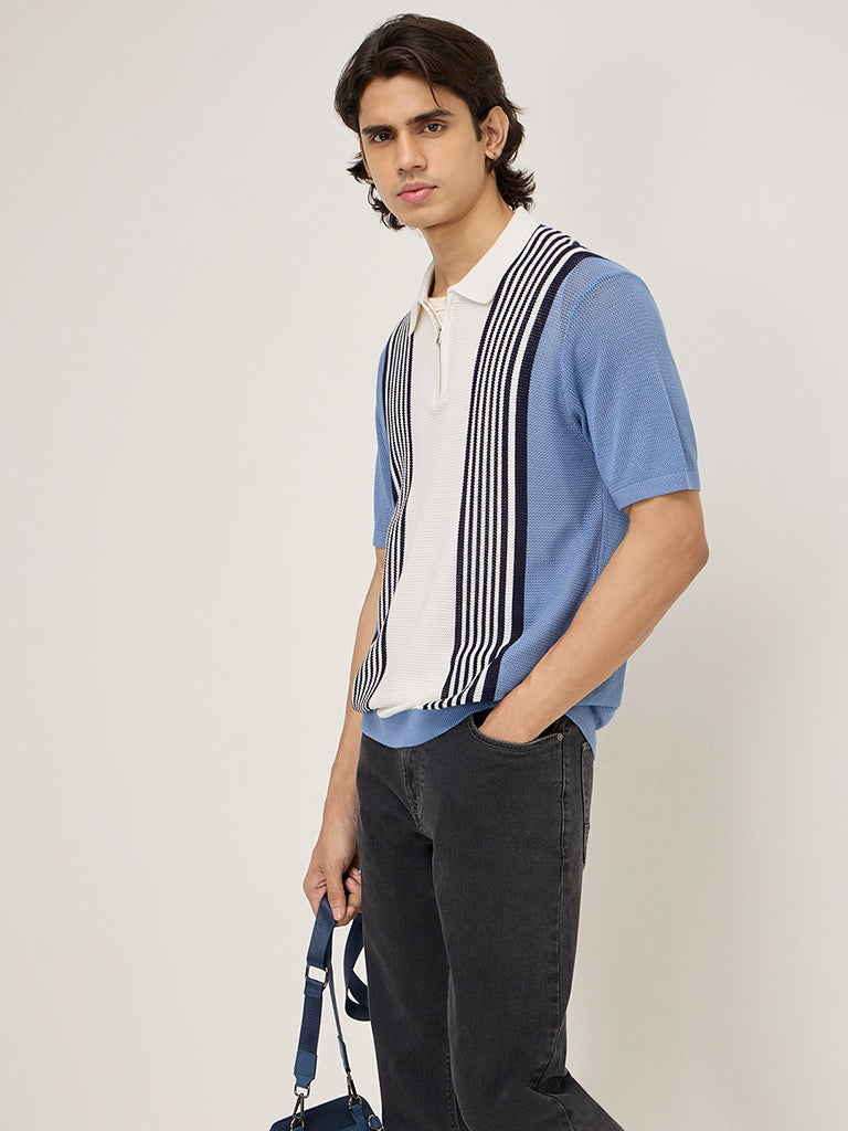 Ascot Dusty Blue Colour-Blocked Quarter Zip Polo T-Shirt