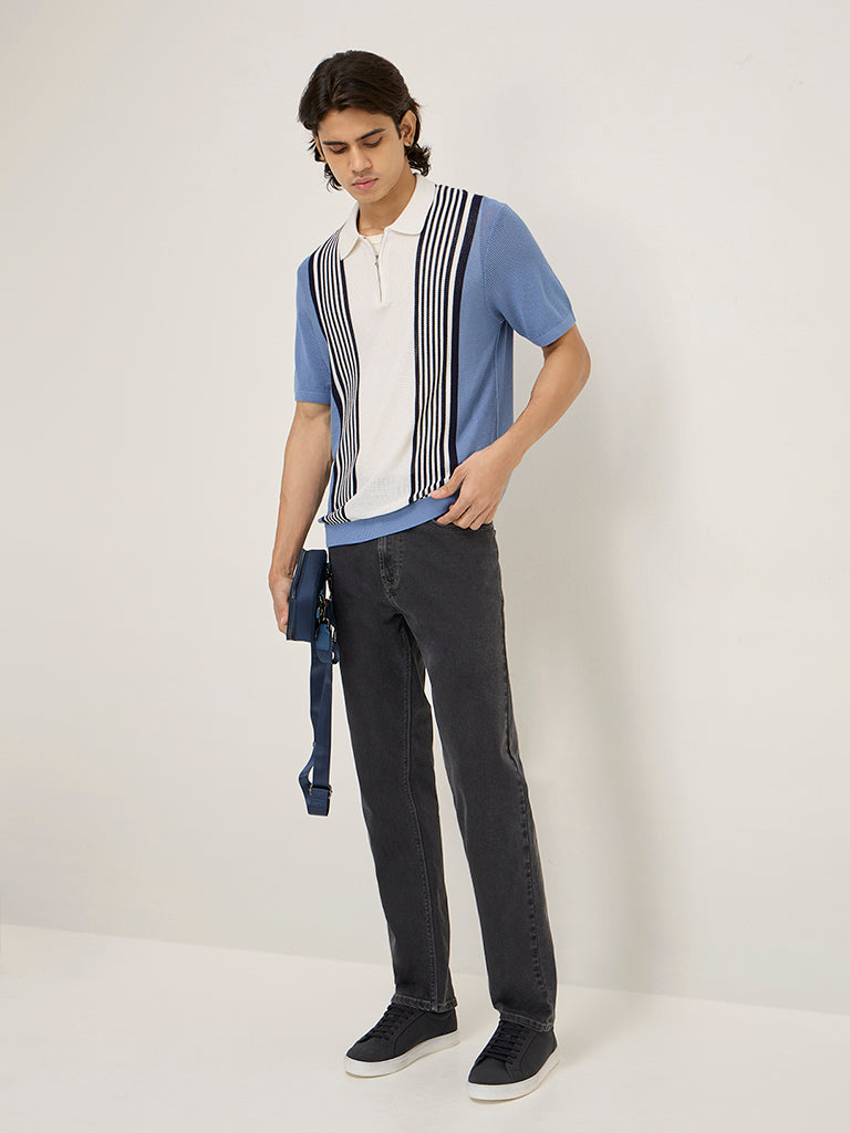 Ascot Dusty Blue Colour-Blocked Quarter Zip Polo T-Shirt