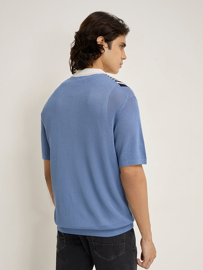 Ascot Dusty Blue Colour-Blocked Quarter Zip Polo T-Shirt