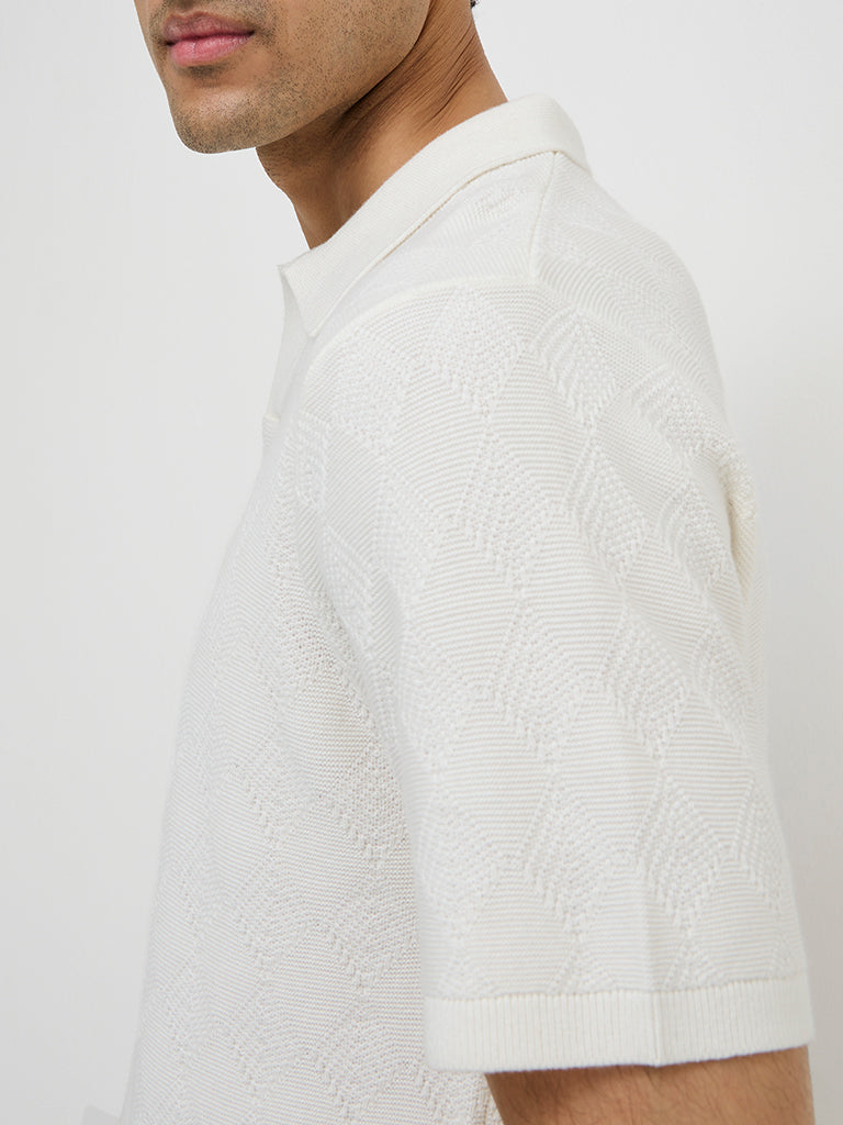Ascot Off-White Self Relaxed-Fit Cotton Polo T-Shirt