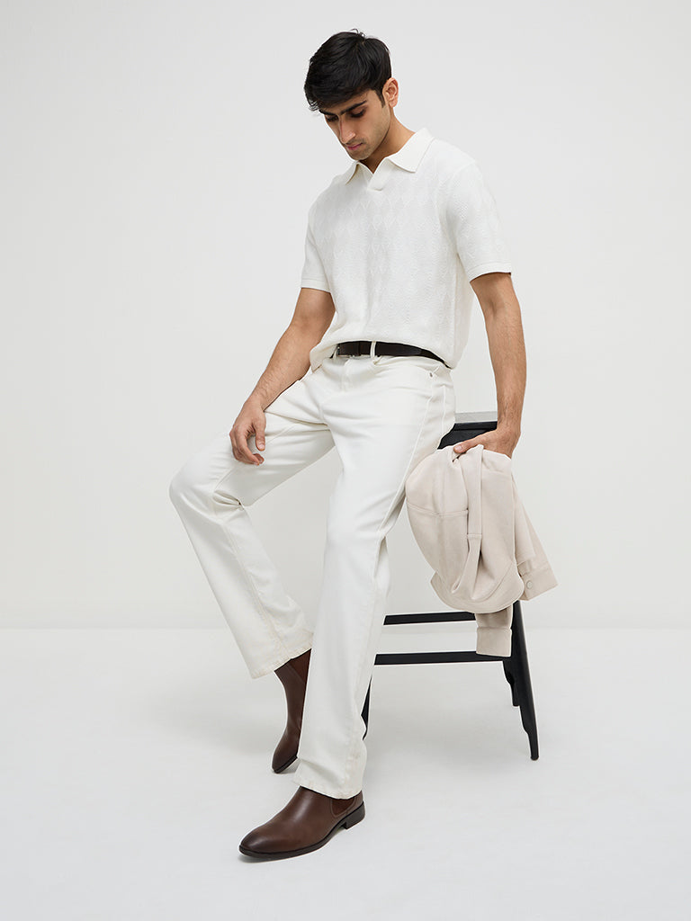 Ascot Off-White Self Relaxed-Fit Cotton Polo T-Shirt