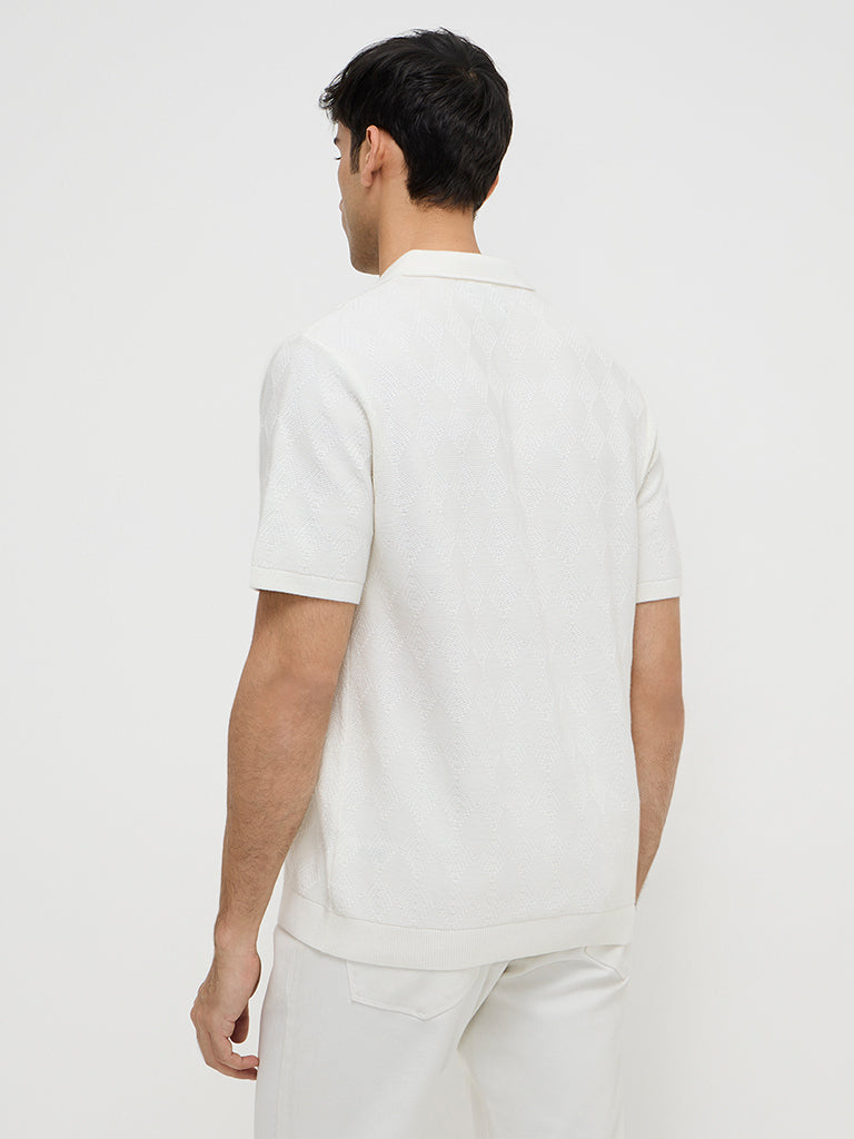 Ascot Off-White Self Relaxed-Fit Cotton Polo T-Shirt